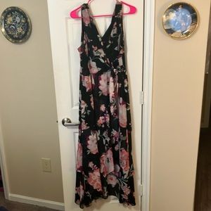INC Size 16 Crepe Polyester Maxi Wrap Sundress in Black Floral Print